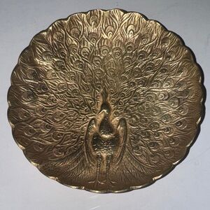 Brass Peacock Scalloped Trinket Dish Heavy Embossed England 5” diameter